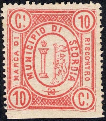 Marca da Bollo del Comune di SCORDIA su Carta Bianca di dimensioni 26 x 30 mm