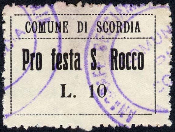 Marca da Bollo del Comune di SCORDIA su Carta Bianca di dimensioni 32,5 x 22 mm