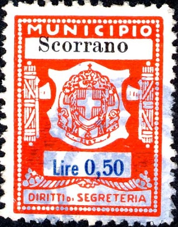 Marca da Bollo del Comune di SCORRANO su Carta Bianca Sottile di dimensioni 20,5 x 27,5 mm