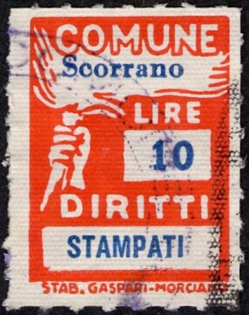 Marca da Bollo del Comune di SCORRANO su Carta Bianca di dimensioni 18,5 x 25,5 mm