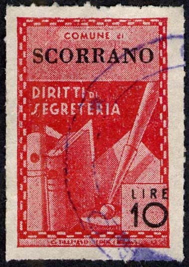 Marca da Bollo del Comune di SCORRANO su Carta Bianca di dimensioni 21,5 x 31 mm