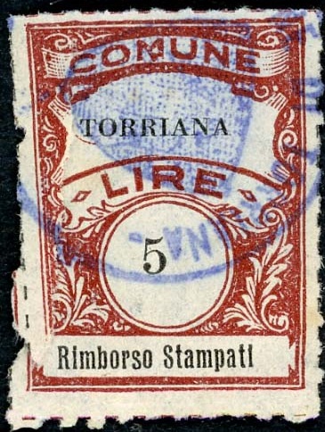 Marca da Bollo del Comune di TORRIANA su Carta Bianca di dimensioni 21 X 27 mm