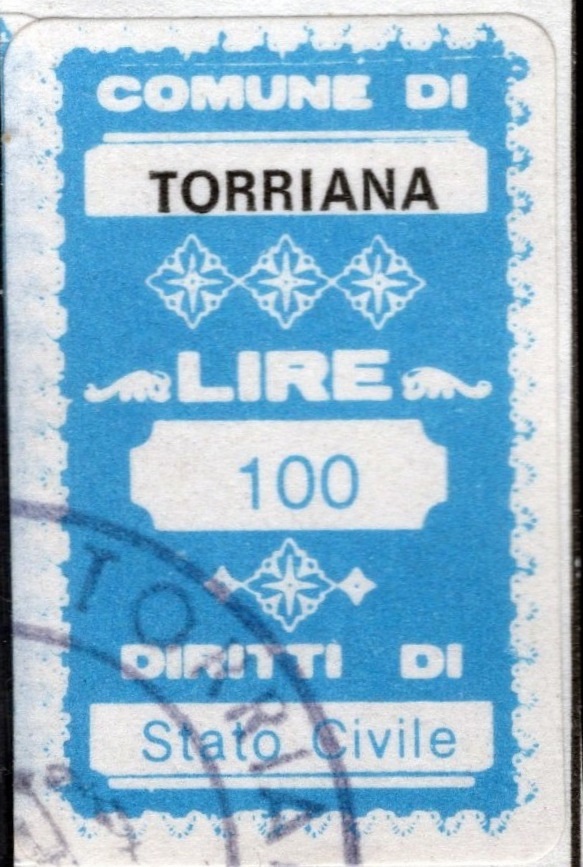 Marca da Bollo del Comune di TORRIANA su Carta Bianca di dimensioni 15 x 22 mm