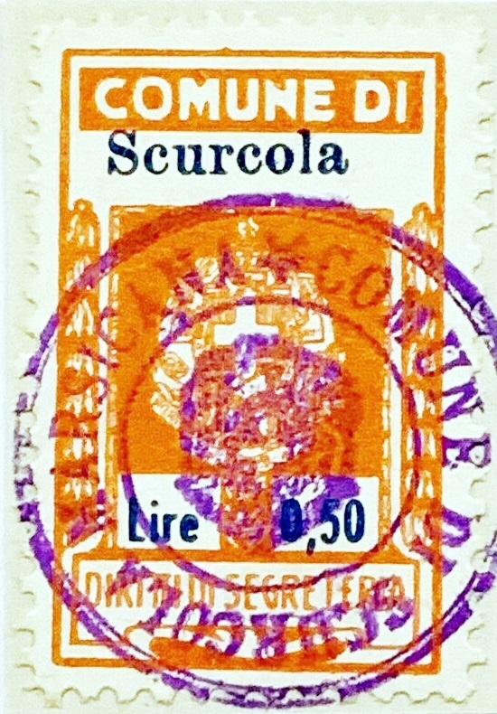 Marca da Bollo del Comune di SCURCOLA MARSICANA su Carta Bianca di dimensioni 21 X 32 mm