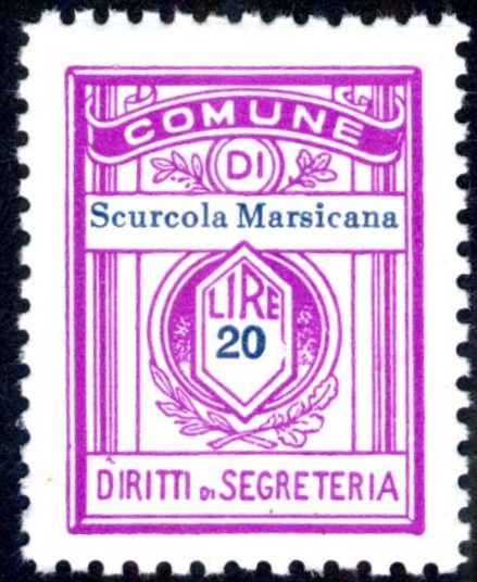 Marca da Bollo del Comune di SCURCOLA MARSICANA su Carta Bianca di dimensioni 21 x 27,5 mm
