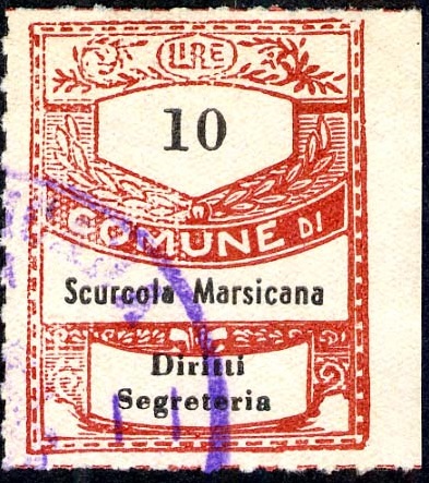 Marca da Bollo del Comune di SCURCOLA MARSICANA su Carta Bianca Sottile di dimensioni 22,5 x 29 mm