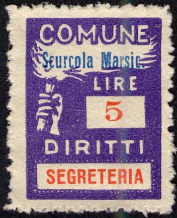 Marca da Bollo del Comune di SCURCOLA MARSICANA su Carta Bianca Sottile di dimensioni 18,5 x 26 mm