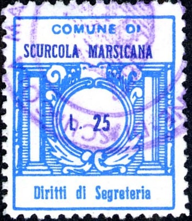 Marca da Bollo del Comune di SCURCOLA MARSICANA su Carta Bianca di dimensioni 21 x 25 mm