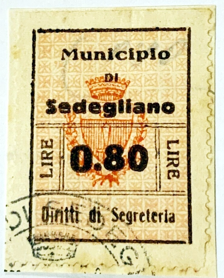 Marca da Bollo del Comune di SEDEGLIANO su Carta Bianca di dimensioni 24 x 31 mm