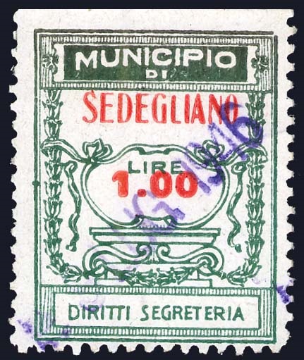 Marca da Bollo del Comune di SEDEGLIANO su Carta Bianca di dimensioni 24 x 31 mm