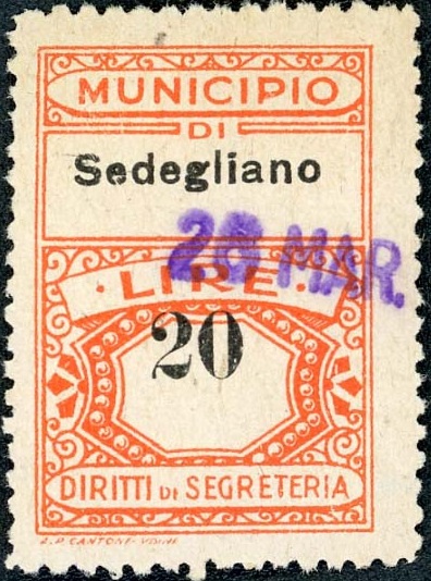 Marca da Bollo del Comune di SEDEGLIANO su Carta Bianca di dimensioni 21,05 x 31 mm