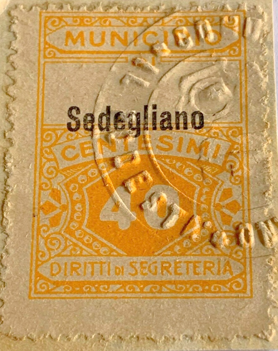 Marca da Bollo del Comune di SEDEGLIANO su Carta Bianca di dimensioni 22,5 x 29 mm