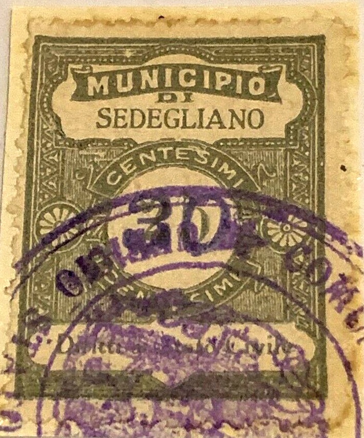 Marca da Bollo del Comune di SEDEGLIANO su Carta Bianca di dimensioni 23 x 29 mm