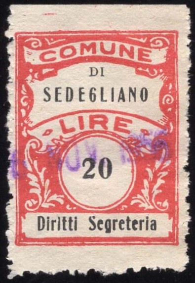 Marca da Bollo del Comune di SEDEGLIANO su Carta Bianca di dimensioni 22,5 X 33 mm