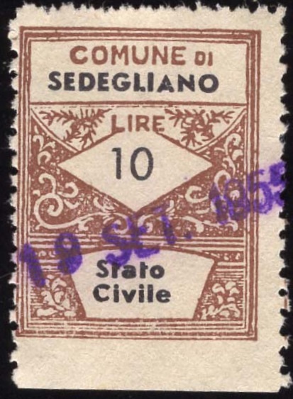 Marca da Bollo del Comune di SEDEGLIANO su Carta Bianca di dimensioni 23 x 29 mm