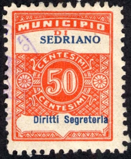 Marca da Bollo del Comune di SEDRIANO su Carta Bianca di dimensioni 22,5 x 28 mm
