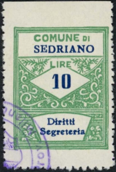 Marca da Bollo del Comune di SEDRIANO su Carta Bianca Sottile di dimensioni 22 x 29 mm