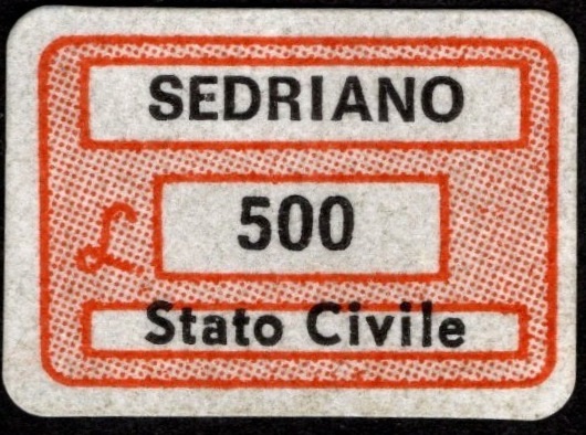 Marca da Bollo del Comune di SEDRIANO su Carta Bianca Sottile di dimensioni 18,5 x 12,5 mm