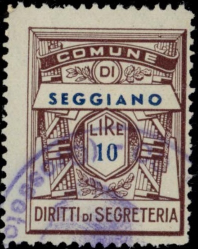 Marca da Bollo del Comune di SEGGIANO su Carta Bianca Sottile di dimensioni 23 x 29,5 mm