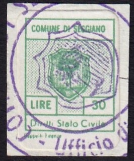 Marca da Bollo del Comune di SEGGIANO su Carta Bianca di dimensioni 14 x 18 mm