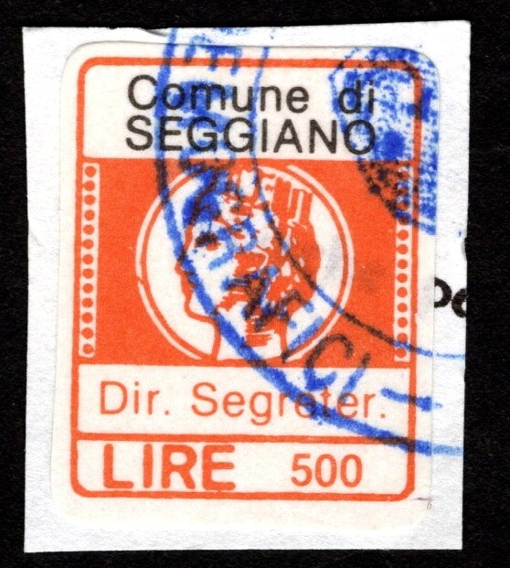 Marca da Bollo del Comune di SEGGIANO su Carta Bianca di dimensioni 15 x 22 mm