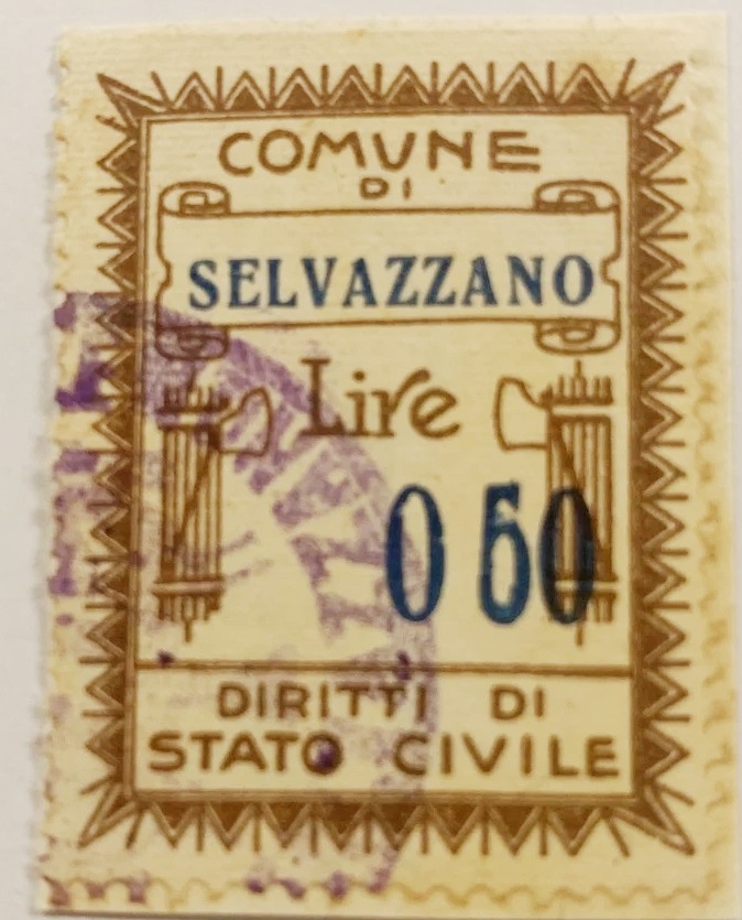 Marca da Bollo del Comune di SELVAZZANO DENTRO su Carta Bianca di dimensioni 21 X 33,5 mm