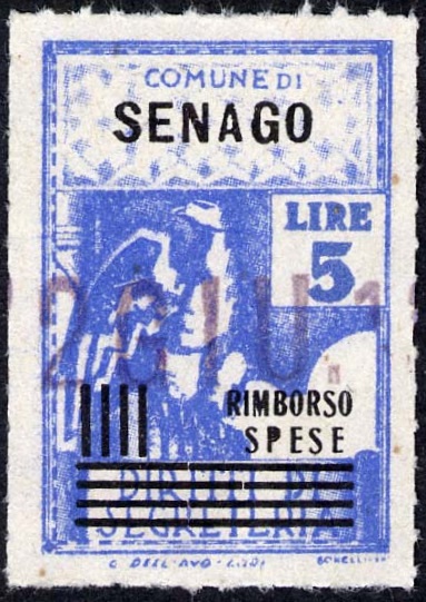 Marca da Bollo del Comune di SENAGO su Carta Bianca Sottile di dimensioni 21 X 32 mm