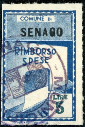 Marca da Bollo del Comune di SENAGO su Carta Bianca Sottile di dimensioni 19,5 x 28,5 mm