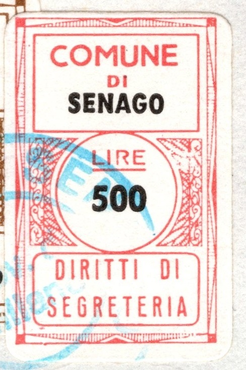 Marca da Bollo del Comune di SENAGO su Carta Bianca di dimensioni 18,5 x 12,5 mm