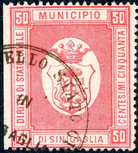 Marca da Bollo del Comune di SENIGALLIA su Carta Bianca Sottile di dimensioni 22 x 26,5 mm
