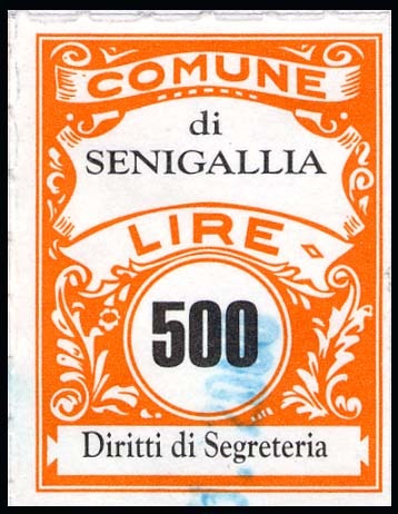 Marca da Bollo del Comune di SENIGALLIA su Carta Bianca di dimensioni 22 x 29,5 mm