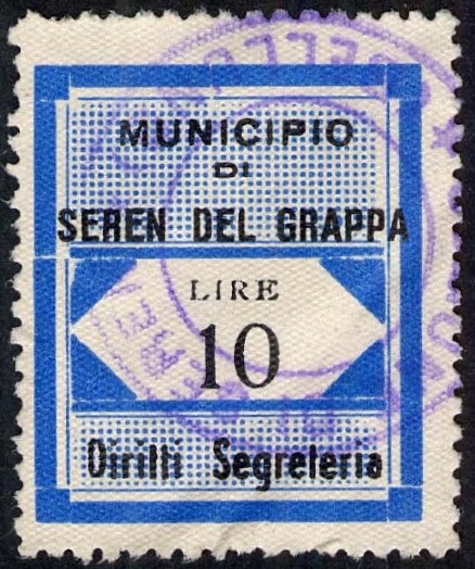 Marca da Bollo del Comune di SEREN DEL GRAPPA su Carta Bianca di dimensioni 24,5 x 29 mm