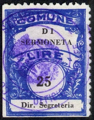 Marca da Bollo del Comune di SERMONETA su Carta Bianca Sottile di dimensioni 22,5 x 29 mm