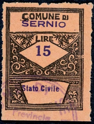 Marca da Bollo del Comune di SERNIO su Carta Colorata di dimensioni 22,5 x 29 mm