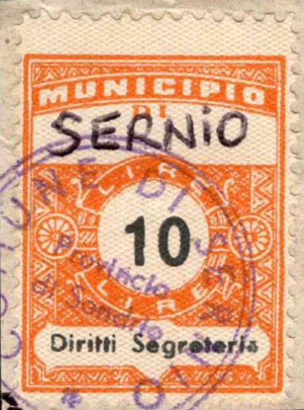 Marca da Bollo del Comune di SERNIO su Carta Bianca di dimensioni 22,5 x 29 mm