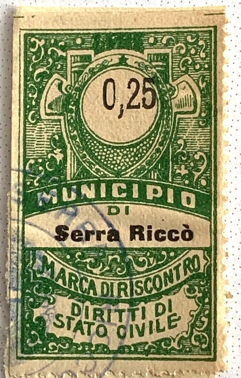 Marca da Bollo del Comune di SERRA RICCO´ su Carta Bianca di dimensioni 26 x 46 mm