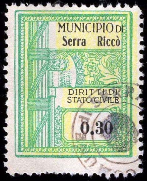 Marca da Bollo del Comune di SERRA RICCO´ su Carta Bianca di dimensioni 22,5 x 29 mm