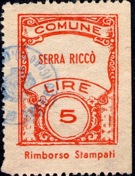 Marca da Bollo del Comune di SERRA RICCO´ su Carta Bianca di dimensioni 22,5 x 33,5 mm