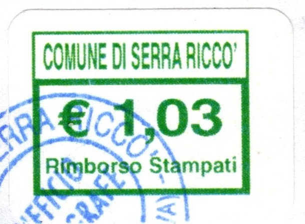 Marca da Bollo del Comune di SERRA RICCO´ su Carta Bianca di dimensioni 19 x 13 mm