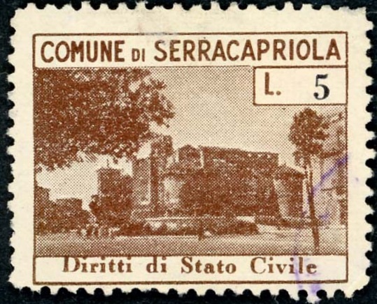 Marca da Bollo del Comune di SERRACAPRIOLA su Carta Bianca di dimensioni 25 x 20 mm