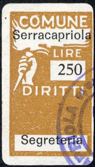 Marca da Bollo del Comune di SERRACAPRIOLA su Carta Bianca di dimensioni 18,5 x 33 mm