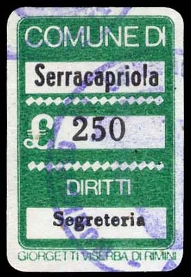 Marca da Bollo del Comune di SERRACAPRIOLA su Carta Bianca di dimensioni 16 x 25 mm
