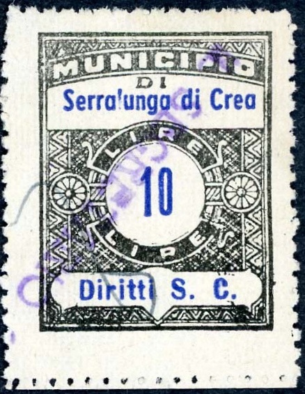 Marca da Bollo del Comune di SERRALUNGA DI CREA su Carta Bianca di dimensioni 22,5 x 29 mm