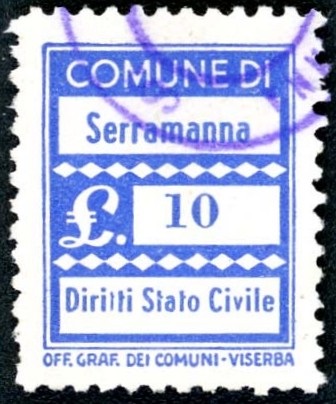 Marca da Bollo del Comune di SERRAMANNA su Carta Bianca di dimensioni 20 x 28 mm