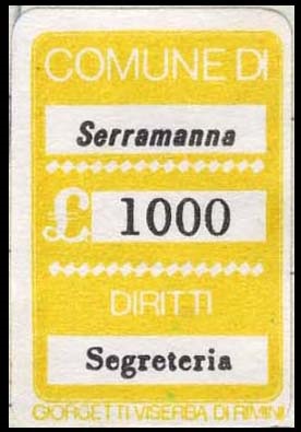 Marca da Bollo del Comune di SERRAMANNA su Carta Bianca di dimensioni 18,5 x 26 mm