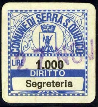 Marca da Bollo del Comune di SERRA SAN QUIRICO su Carta Bianca di dimensioni 18,5 x 20 mm