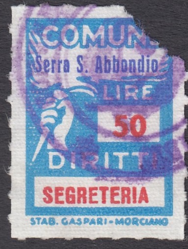 Marca da Bollo del Comune di SERRA SANT´ABBONDIO su Carta Bianca di dimensioni 18 X 25,5 mm