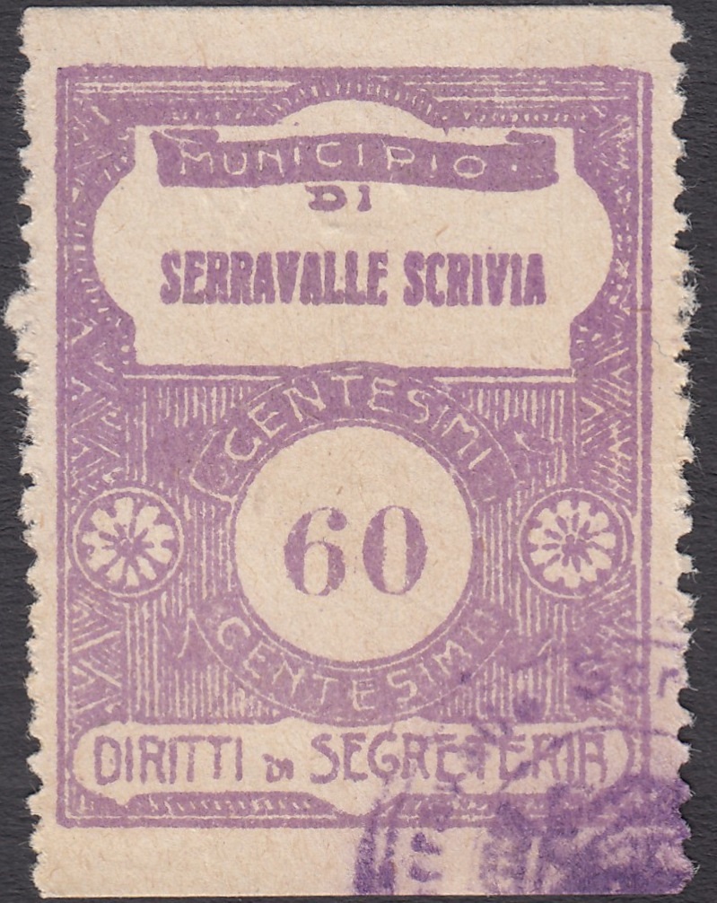 Marca da Bollo del Comune di SERRAVALLE SCRIVIA su Carta Bianca di dimensioni 27 x 35 mm