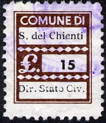 Marca da Bollo del Comune di SERRAVALLE DI CHIENTI su Carta Bianca di dimensioni 17,5 x 22 mm