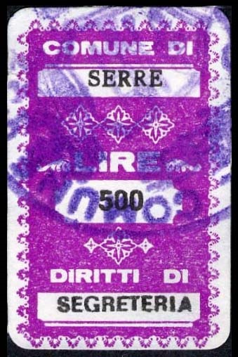 Marca da Bollo del Comune di SERRE su Carta Bianca di dimensioni 20 x 32 mm